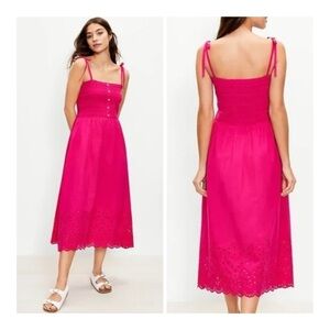 LOFT Bright Pink Eyelet Smocked Strappy 100% Cotton Midi Dress Elegant Size XS